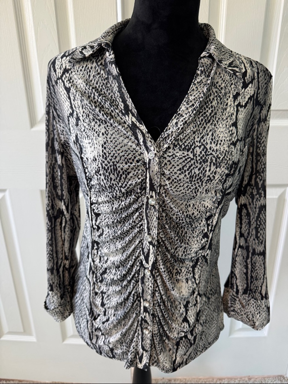 INC International Concepts Black & White Snake-Print Ruched Button-Front Blouse